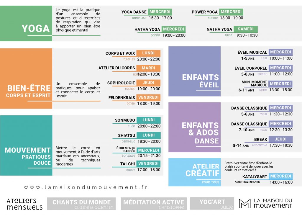 planning des cours de bien-être